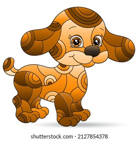 Illustration in stained glass style of a cartoon dog,tone brown animal isolated on a white background