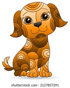Illustration in stained glass style of a cartoon  dog, tone brown animal isolated on a white background