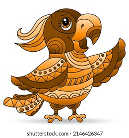 Illustration in stained glass style with a cartoon parrot, figure isolated on a white background, tone brown