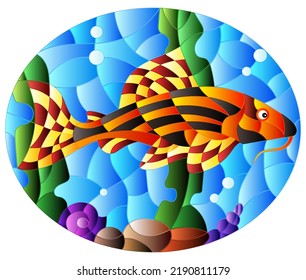 Illustration in stained glass style with a catfish on the background of water and algae, oval image 