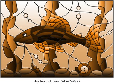 Illustration in stained glass style with a catfish on the background of water and algae, tone brown