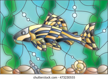 Illustration in stained glass style with a catfish on the background of water and algae