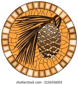 Illustration in stained glass style with cedar cone on a branch , round image in frame, tone brown