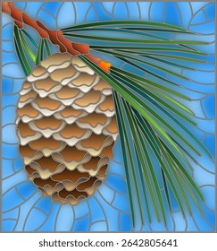 Illustration in stained glass style with cedar cone on a branch on a blue background