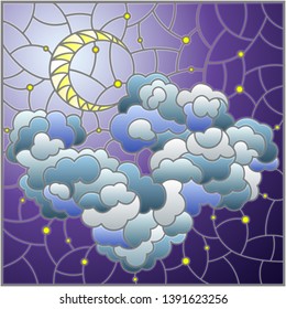 Illustration in stained glass style with celestial landscape, fluffy cloud on the background of starry sky and moon, square image