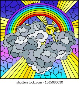 Illustration in stained glass style with celestial landscape, sun and clouds on rainbow background,square image