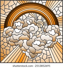 Illustration in stained glass style with celestial landscape, sun and clouds on rainbow background,square image, tone brown