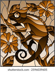Illustration in stained glass style with chameleon on plant branches background with leaves and flowers , tone brown