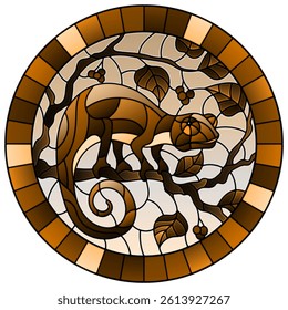 Illustration in stained glass style with chameleon on plant branches background with leaves and berries, round image, tone brown