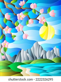 Illustration in stained glass style with the cherry blossoms on a background of mountains, sky,sun and the sea