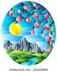 Illustration in stained glass style with the cherry blossoms on a background of mountains, sky , sun  and river, oval image