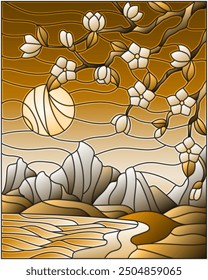 Illustration in stained glass style with the cherry blossoms on a background of mountains, sky , sun  and the sea, tone brown