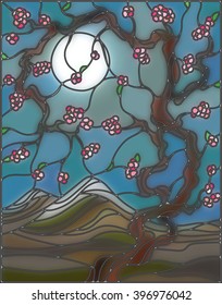Illustration in stained glass style with the cherry blossoms on a background of mountains, sky and moon