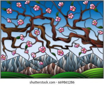 Illustration in stained glass style with the cherry blossoms on a background of mountains and  sky