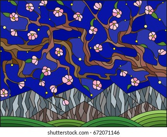 Illustration in stained glass style with the cherry blossoms on a background of mountains and starry sky