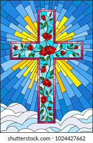 Illustration in stained glass style with Christian cross decorated with  pink roses on the background of sky with clouds