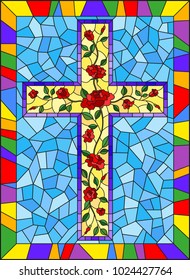 Illustration in stained glass style with Christian cross decorated with  pink roses on blue background in bright frame