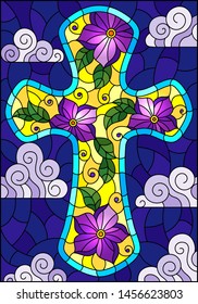 Illustration in stained glass style with Christian cross decorated with purple flowers on blue sky background with clouds 