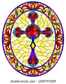 Illustration in stained glass style with Christian cross decorated with  red flowers on yellow background, oval image in floral frame