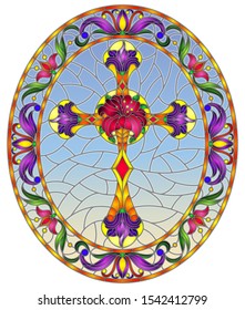 Illustration in stained glass style with Christian cross decorated with  purple flowers on blue background, oval image in floral frame
