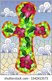 Illustration in stained glass style with Christian cross decorated with  pink flowers on blue sky background with clouds 