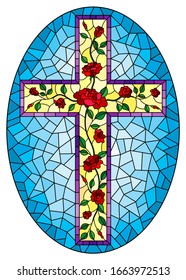 Illustration in stained glass style with Christian cross decorated with red roses on blue background, oval image