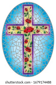 Illustration in stained glass style with Christian cross decorated with red roses on blue background, oval image