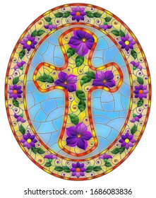 Illustration in stained glass style with Christian cross decorated with  purple flowers on blue background, oval image in floral frame