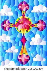 Illustration in stained glass style with Christian cross decorated with  pink flowers on blue sky background with clouds 