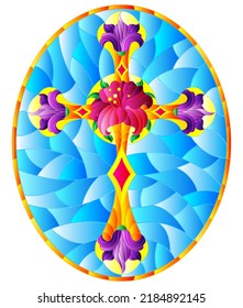 Illustration in stained glass style with Christian cross decorated with  purple flowers on blue background, oval image in frame