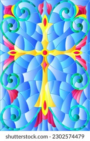 Illustration in stained glass style with a christian cross on a bright blue abstract background