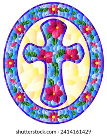 Illustration in stained glass style with Christian cross decorated with  pink flowers on a yellow background, oval image in floral frame