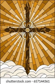 Illustration in stained glass style with the Christian cross on a background of sky and clouds , brown tone, Sepia