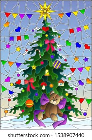 Illustration in stained glass style with a Christmas tree and a toy bear on a blue background with colorful flags