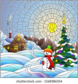 Illustration in stained glass style with Christmas landscape, rustic house, Christmas tree and snowman on snow background and  sky with sun