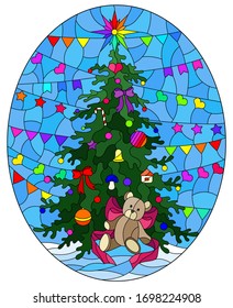 Illustration in stained glass style with a Christmas tree and a toy bear on a blue background with colorful flags