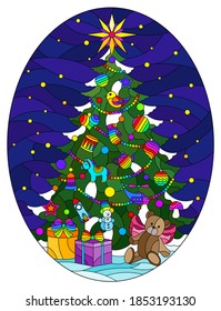 Illustration in stained glass style with a Christmas tree and a toy bear on a blue night sky background, oval image