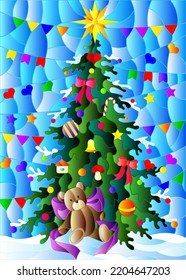 Illustration in stained glass style with a Christmas tree and a toy bear on a blue background with colorful flags