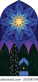 Illustration in stained glass style the Christmas Star of Bethlehem Christmas Holy night church windows frames winter landscape