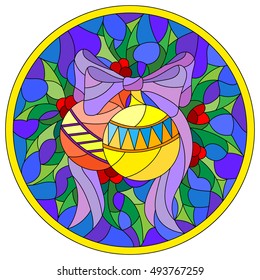 Illustration in stained glass style with Christmas toy and Holly branches  on a blue background, round picture frame