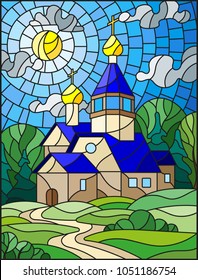 Illustration In Stained Glass Style With Church On The Background Of Summer Landscape, A Church On The Background Of The Sunny Sky And Green Trees