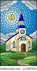 Illustration in stained glass style with Church on the background of summer landscape, a Church on the background of the Sunny sky and green trees