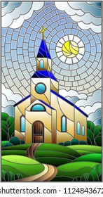 Illustration In Stained Glass Style With Church On The Background Of Summer Landscape, A Church On The Background Of The Sunny Sky And Green Trees