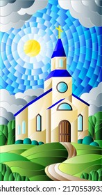 Illustration in stained glass style with Church on the background of summer landscape, a Church on the background of the Sunny sky and green trees