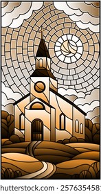 Illustration in stained glass style with Church on the background of summer landscape, a Church on the background of the Sunny sky and green trees, tone brown