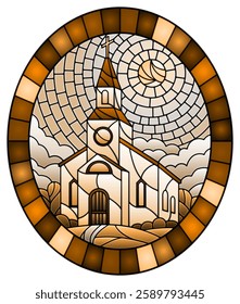 Illustration in stained glass style with Church on the background of summer landscape, a Church on the background of the Sunny sky and green trees, oval image in frame, tone brown