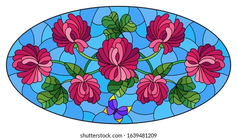 Illustration in stained glass style with clover flowers and butterflies on a blue background, horizontal orientation , oval image