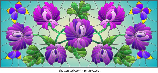 Illustration in stained glass style with clover flowers and butterflies on a blue background, horizontal orientation
