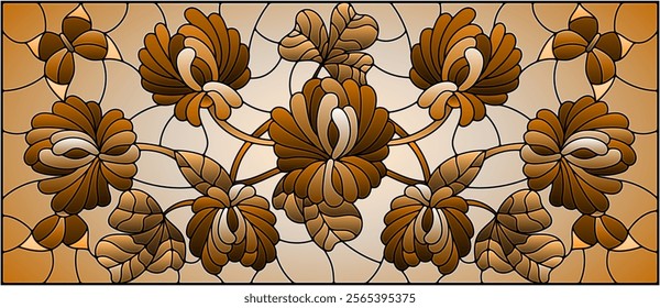 Illustration in stained glass style with clover flowers and butterflies tone brown, horizontal orientation