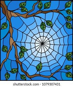 Illustration in stained glass style with cobwebs on the branches of a tree against the sky